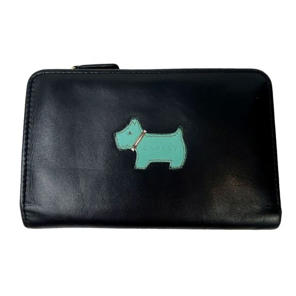 Radley London Heritage Scottie Dog Foldover Wallet Black & Teal Leather Purse